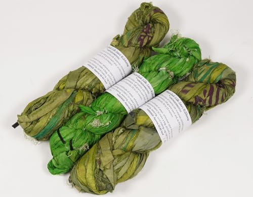 Artisan Recycled Sari Silk Ribbon Yarn - 300g (3 x 100g Skeins) | Handmade Upcycled Silk Strips for Crochet, Macramé, Weaving, Rug Hooking & Mixed Media Crafts | Green - color: Green