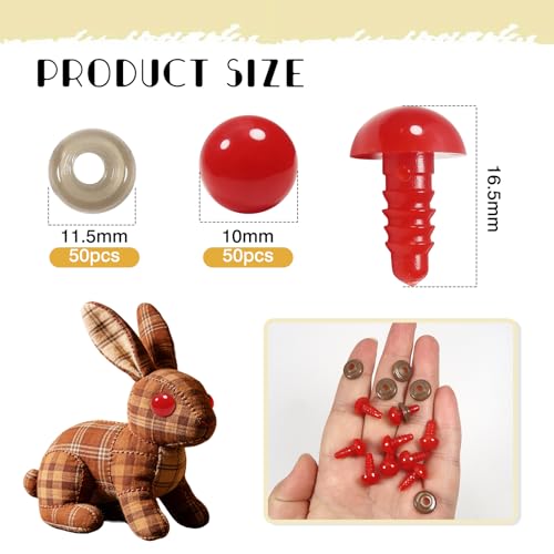 TOAOB 50pcs 10mm Small Safety Eyes for Amigurumis Plastic Crochet Red Eye | Crafts Doll Safety Eyes with Washers, for DIY Crocheting Small Animals Doll, Making Supplies - size: 10mm