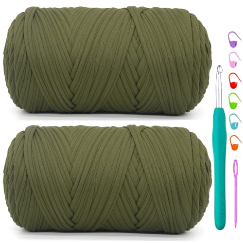 2 Pack Tshirt Yarn for Crochet,Army Green T Shirt Soft Elastic Fabric Chunky Thick T-Shirt Crochet Yarn for Crocheting Knitting Beginner Hand Knitting Bag/DIY Craft/Home Decor 2 * 400G-Army Green - color: Army Green, size: 2 PACK
