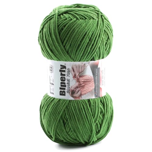 Skinny Chenille Yarn for Crocheting and Knitting - 1 Pack of 100g/317yds Ultra Soft Fluffy Plush Velvet Yarn - #2 Crochet Yarn for Amigurumi, Blankets, Plush Dolls, Baby Clothes (1, Army Green) - color: Army Green