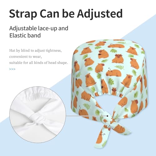 MOLIAN Dental Tooth Adjustable Working Cap Surgical Headgear for Women Men | Adjustable Tie Back Scrub Caps with Button Built-in Sweatband Working Cap for Nurses Doctors and Workers - color: Capybaras and Leaves
