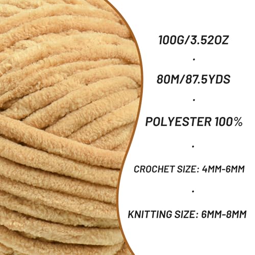 3 Pack Fluffy Chenille Yarn for Crocheting, Chunky Velvet Yarns for Crochet Amigurumi, Baby Yarn for Crocheting Soft Blanket, 262.4yds /10.5 oz Bulky Yarns for Crafts/Hats/Shoes/Socks (3 Khaki) - color: 3 Khaki