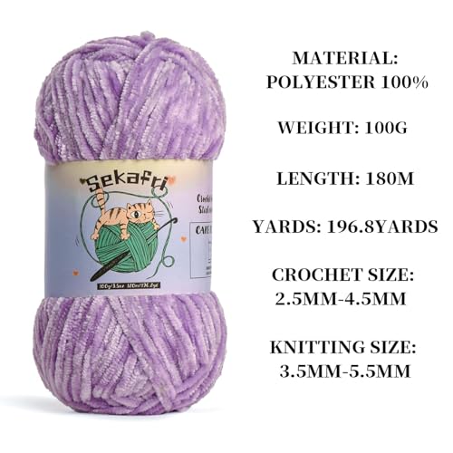 3 Pack of 300g (590yds) Fuzzy Chenille Yarn for Crocheting,Fluffy Amigurumi Crochet Yarn for DIY Craft/Hat/Clothes, Soft Velvet Baby Blanket Yarns（3 Light Purple） - color: 3 Light Purple