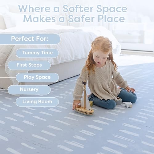 Little Landings Baby Play Mat for Floor - Shoreline (6x8ft) - Interlocking EVA Foam Play Mat Tiles for Babies & Toddlers, Non-Toxic Playmat for Tummy Time, Crawling & Playroom - Rug-Look Design - color: Shoreline - Misty Blue, size: 6x8 ft