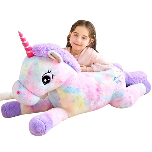 IKASA 43" Giant Unicorn Stuffed Animal, Super Soft, Zipper-Free Plush | Extra Plump Full Body Filling, Child-Safe One-Piece Design, Cute Hugging Pillow Gift for Kids, Girls & Adults - color: Multicolored