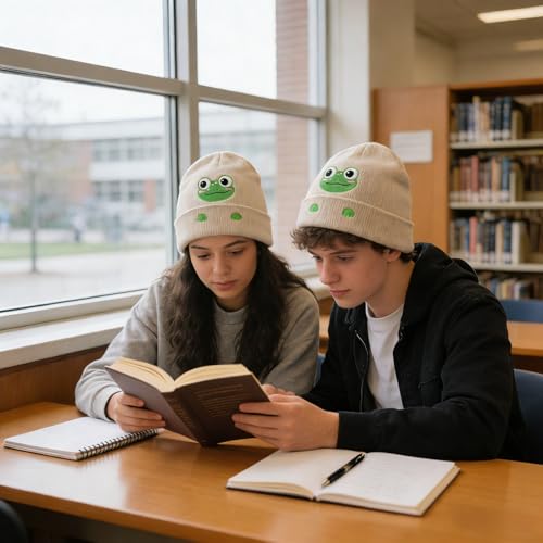 Personality Animal Head Embroidery Knit Beanie Hat for Adult and Big Kids Winter Warm Skull Cuffed Hats - color: Frog-beige