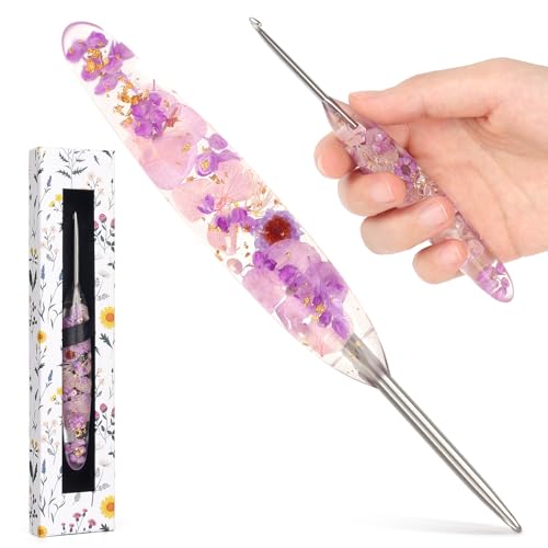 Katech 3.5mm Crochet Hook for Arthritic Hands,Hand-Polished Stainless Steel | Ergonomic Crochet Hooks with Customized Sparkle Dried Floral Grip, Smooth Tapered Hook-Crochet Gift for Beginner & Crocheter - size: 3.5mm