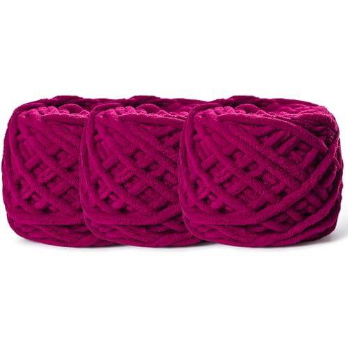 3 Pack Plush Chenille Chunky Yarn 100g (49.2yd) - Fluffy Velvet Yarn Crochet for Blanket Knitting and Crocheting - Baby Yarns for Crocheting Soft - Amigurumi Yarns (3 Angola Red) - color: 3 Angola Red