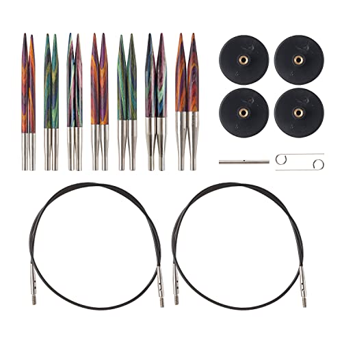 Knit Picks Mosaic Wood Short Interchangeable Knitting Needles Set US 4-10 | 7 sizes of 2.75 inch long knitting needles in multicolor, includes cables, end caps, and connectors. - color: Mosaic