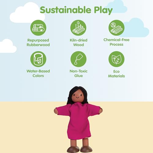 PlanToys® Girl Wooden Dollhouse Figurine Poseable 1:12 Scale 4-Inch Doll | daughter character, doll house people accessories, bendable arms, kids pretend play, storytelling learning gift ages 3+ - color: Hispanic Girl