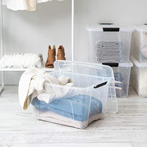 IRIS USA 4 Pack Clear Plastic Storage Bins with Latching Lids, 40 Qt | Transparent design makes contents easy to find. Perfect for moving, blankets, clothing, and garage storage. Nestable design - color: Clear, size: 40 Qt, style: 4 Pack