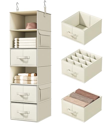 Vailando 6-Shelf Hanging Closet Organizer with 3 Fabric Drawers, Beige | Removable Fabric Drawers, Side Pockets, Reinforced Structure, Space-Saving Storage for Clothes, Nursery and Dorm Rooms - color: Beige, size: 6-Shelf Inseparable
