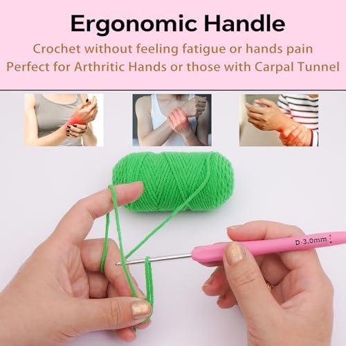3mm Crochet Hook, Ergonomic Crochet Hook, Smooth and Extra Long Knitting Needles, with Soft Rubber Ergonomic Handle and Aluminum Tip, Perfect Beginner and Arthritic Crochet Hooks (3 mm) - size: 3mm