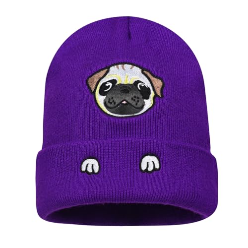 Personality Animal Head Embroidery Knit Beanie Hat for Adult and Big Kids Winter Warm Skull Cuffed Hats - color: Dog 2-purple