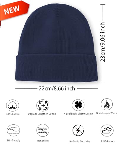 100% Cotton Beanie Lengthen Cuffed Beanies Knit Winter Hats Unisex | Double-Layer Warmth,Ultra-Soft 100% Cotton Knit,Long Non-itchy,Snug No-Slip Stretch Fit,Warm Winter Skull Cap - color: 1-navy Blue