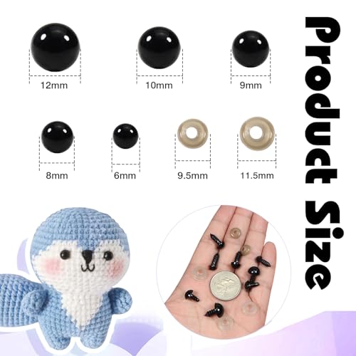 TOAOB 150pcs Safety Eyes for Amigurumis with Washers 6mm to 12mm Plastic Crochet Black Craft Eyes for Crocheting Animals Making