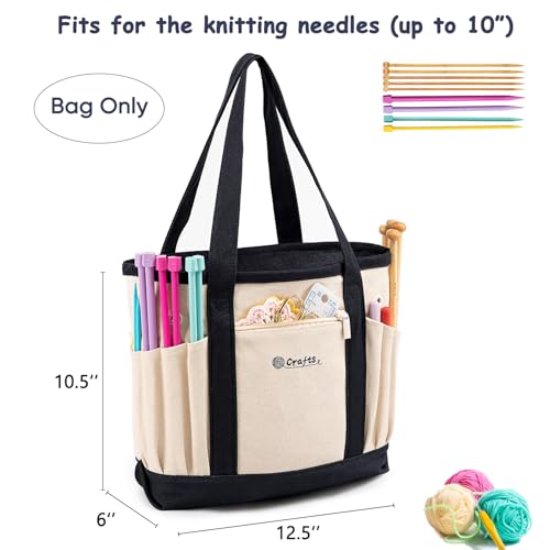 Canvas Yarn Storage Organizer Bag Washable Crochet Bag with Pockets for Yarn, Hooks, Needles – Travel Knitting Tote for Crafters – Gift for Crocheters & Knitters (Medium/Large) - color: Nature-Black, size: Medium-12.5“