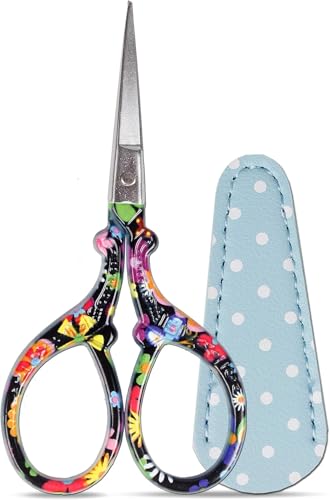 3.6 inch Sharp Embroidery Scissors for Sewing with Premium Leather Sheath | Classic-Hisuper Cross Stitch Scissors Vintage Decorative Shears Needlework Crochet Accessories Craft DIY Tool-Black Floral - color: Black Flower