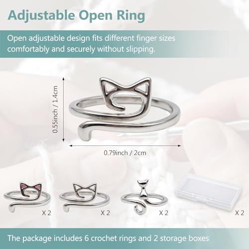 6PCS Silver Adjustable Crochet Tension Rings Set, Cat Yarn Guide Finger Rings with Storage Box for Knitting & Crochet ﻿