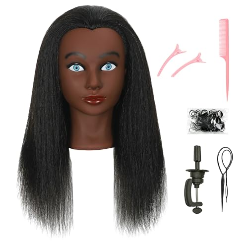100% Real Human Hair Mannequin Head with Stand Manikin Cosmetology Doll Training Head for Hairdresser Practice Braiding Styling Curling Cutting Display - color: Deak Black