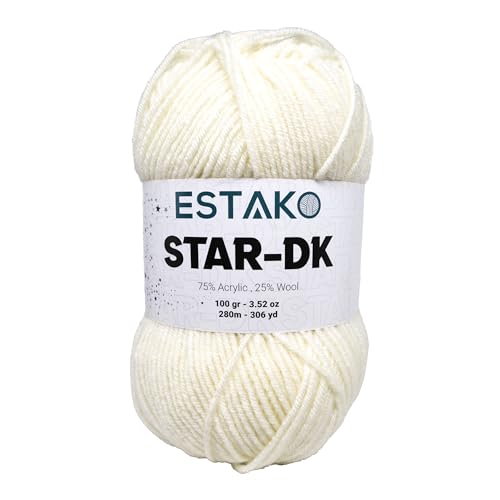 Estako Star-DK Soft Yarn for Crocheting, DK Weight 3 Wool, Off White | 75% acrylic 25% wool, 100 g, 306 yds, amigurumi, granny squares, socks, beanies, mittens, plush toys, machine washable - color: 30169 - Off White, size: Pack of One