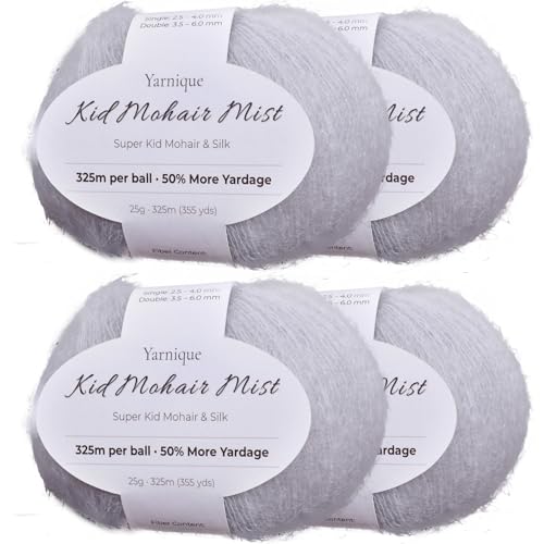 Kid-Silk Mohair Yarn, Lace Weight, 4 Balls 100g, 1420 yds | Yarnique 61% Super Kid Mohair + 20% Silk | Carry-Along Yarn | Soft Fuzz (19 Pearl Gray) - color: 19 Pearl Gray