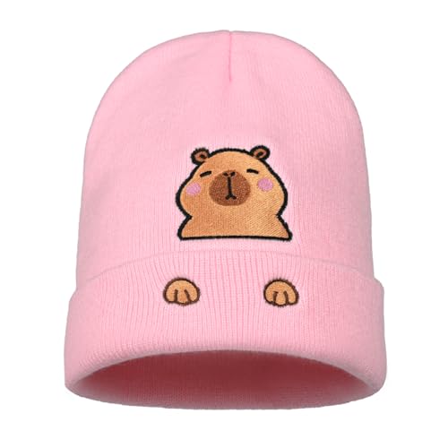 Personality Animal Head Embroidery Knit Beanie Hat for Adult and Big Kids Winter Warm Skull Cuffed Hats - color: Capybara 2-pink