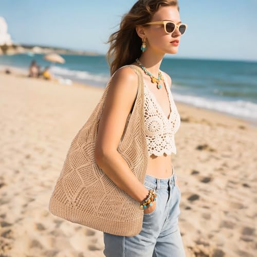 WantGor Crochet Bags, Beach Mesh Tote Bag Womens Shoulder Shopping Handbag | Casual Travel Totes Bag Foldable Hobo Bags - color: Yellowish-brown
