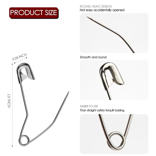 100 Pcs Curved Safety Pins for Quilting Basting Pins 38mm/1.5inch | 100 Pack Curved Safety Pins for Quilting Basting Pins 38mm/1.5inch Quilting Safety Pins Stainless Steel Quilting Pins - size: 1.5 inch