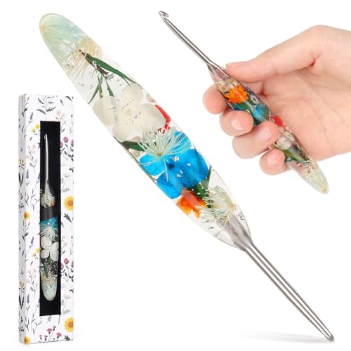 Katech 4.0mm Crochet Hook for Arthritic Hands,Hand-Polished Stainless Steel | Ergonomic Crochet Hooks with Customized Sparkle Dried Floral Grip, Smooth Tapered Hook-Crochet Gift for Beginner & Crocheter - size: 4.0mm