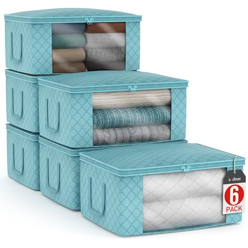 Sorbus Medium Clothes Storage Bags - Foldable Blanket Storage Bins for Organizing Bedroom, Closet, Clothing, Comforter, Organization with Clear Window, Lids and Carry Handles - Set of 6 - color: Aqua, size: 6 Pack Large