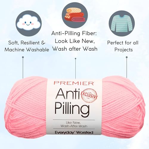 Premier Yarns Anti-Pilling Everyday Baby Pink 100-6 | 3 Skeins, Same Dye Lot, Project Bag, #4 Worsted, 100% Anti-Pilling-Acrylic, Ideal for Crochet or Knitting Blankets, Scarves - color: Dn100-6-Baby-Pink
