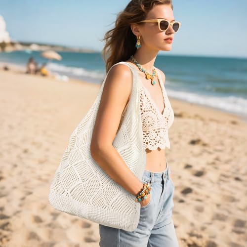 WantGor Crochet Bags, Beach Mesh Tote Bag Womens Shoulder Shopping Handbag | Casual Travel Totes Bag Foldable Hobo Bags - color: Beige Apricot