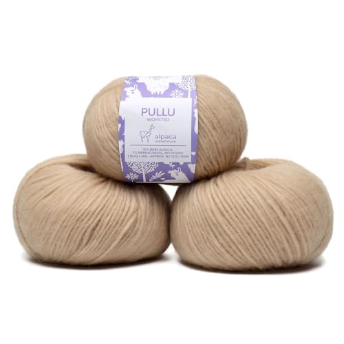 Baby Alpaca Merino Yarn 3 Skeins 150g Worsted Weight Knitting Almond Latte | Pullu baby alpaca merino blend made in Peru 3 skeins 150g 426yd total for knitting and crochet sweaters scarves and hats - color: Almond Latte
