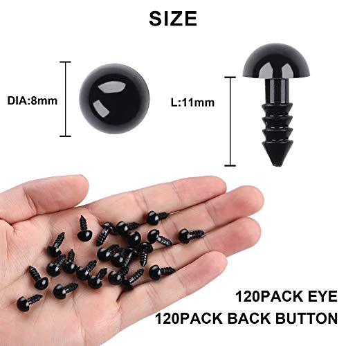 UPINS 120Pcs 8mm Plastic Safety Crochet Eyes with 120Pcs Washers for Crafts | Black Plastic Eyes Bulk for Stuffed Animals, Crochet Toy Crafters, Doll Making Supplies - size: 8mm