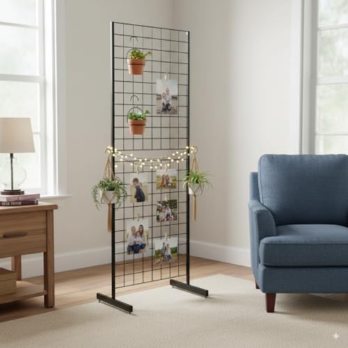 6' x 2' Grid Panel Tower with T Base and Footbeds, Black Finish - color: Black