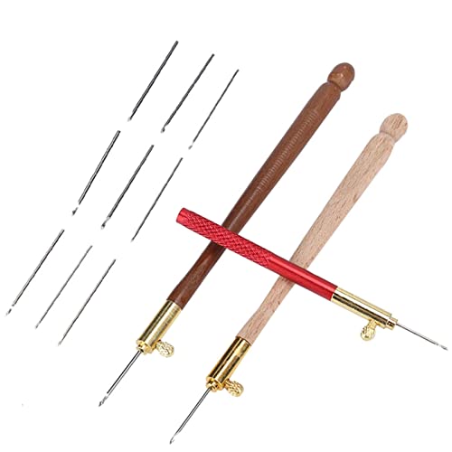 3Pcs Tambour Hooks Kit, Embroidery Crochet Hooks with 9 Needles, Wooden Handle French Tambour Hook Latch Beaded Needle for Embroidery Sequin Beading Knitting DIY Sewing