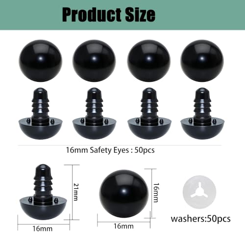 ARTCXC 50pcs 16mm Solid Black Safety Eyes for DIY Crochet Amigurumi | Plastic Craft Eyes with Washers for Crocheting of Puppet Bear Stuffed Animals Dolls DIY Projects.50pcs Eyes + 50pcs Washers - size: 16mm