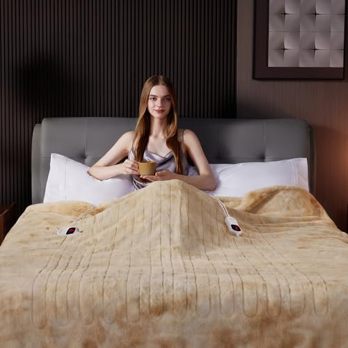 Guohaoi Heated Blanket, Soft Faux Rabbit Fur Electric Throw, 90"×100" | Electric Blanket with 10 Heating Levels 5 Setting Timer Auto Off, Cozy Warm Heating Blankets, Machine Washable, Brown - color: Beige, size: 90''*100''