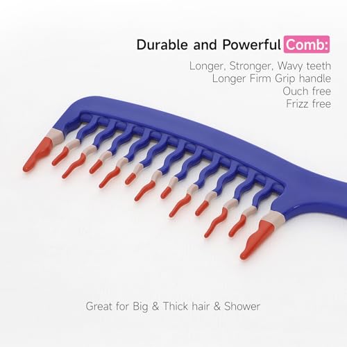 Extra Large Wide Tooth Shower Detangler Curve Comb for Thick, Curly, Wavy & Natural Hair - Pain-Free Knot Removal, Anti-Static, Frizz-Free, Ergonomic Handle & Easy Hanging - Blue with Scrunchie - color: Reflex Blue