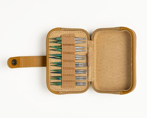 Knit Picks x DellaQ Short Interchangeable Knitting Needles Set with Case | 7 sizes of green 2.75 inch long knitting needles, US 4-10, includes Mustard Canvas and Faux Leather Buddy case - color: Mustard and Short Caspian Needles
