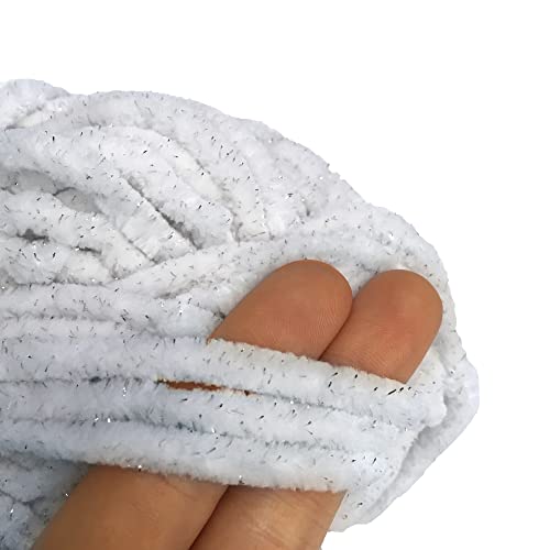 TROYARN Velvet Star (3- Skeins Pack) Silvery Glitter Chenille Baby Blanket Yarn Amigurumi Yarn for Crocheting and Knitting Super Bulky 3x100 gr (3x120 yds) (10401 - White, 3 Skein) - color: 10401 - White, size: 3 Skein
