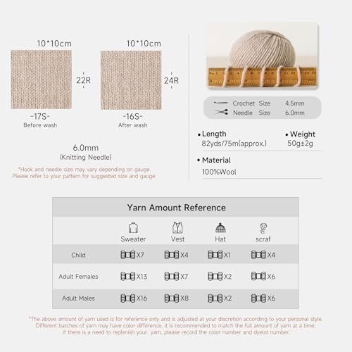 Susan's Family Molandi #8 100Merino Wool Yarn, 4x50g/82yds - Warm Sand | 100% wool yarn, Bulky weight, skin-soft, comfort, warm, breathable, crochet/knit garment, blanket, shawl, scarf, bag - color: 03#Warm Sand