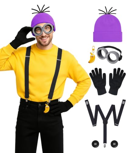 Cartoon Character Costume Accessory Kit Adult Men Women Halloween Costumes | Funny Easy Halloween Costumes Accessories Beanie Hat Goggles Gloves Banana Keychain for Birthday Themed Party Dress Up Set - color: Purple - 6pcs