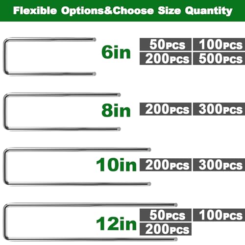 AMAGABELI 8 Inch 200 Pack Galvanized Landscape Staples 11 Gauge Anti-Rust Heavy Duty Garden Stakes Plant Cover Spikes U-Shaped Sod Pins Fence Stakes for Weed Barrier,Irrigation Tubing,Lawns,Decoration - size: 8Inch