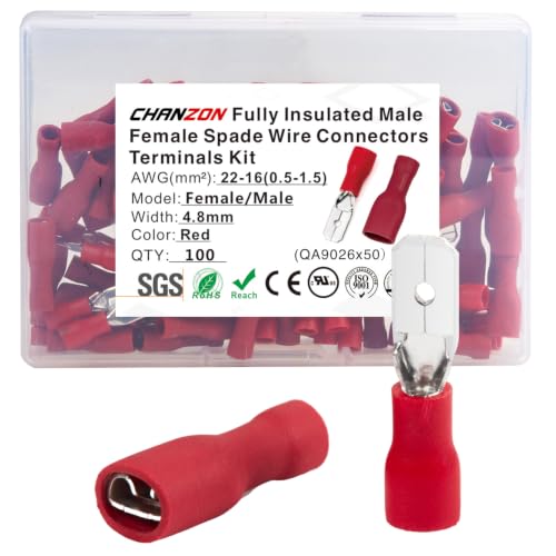 Chanzon 100pcs 3/16" Male & Female Spade Connector Semi-Insulated PVC Red | UL Recognized - 16 17 18 19 20 21 22 awg Gauge Quick Disconnect Wire Crimp Terminal 4.8 x 0.8 mm - size: 4.8mm Male & Female Spade, style: 22-16AWG