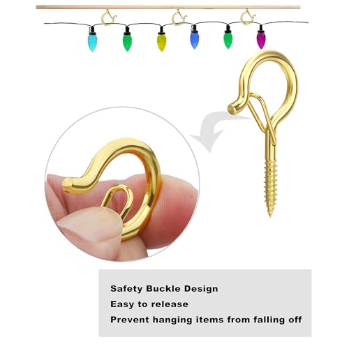 PlusRoc 20 Pack Screw Hooks for Hanging Plants Outdoor Lights(Gold) | Christmas Seasonal Lighting, Heavy Duty 2.2 Inch Eye Hook Cup Ceiling Hook Q-Hanger for Patio, Wall Wood Ceiling Deck Mount - color: Gold