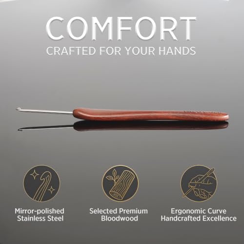 SEVENSUN Mimosa 2mm Single Crochet Hook, Available in 0.6mm-6.5mm, Ergonomic Hand Polished Stainless Steel Inline Pointy Wood Handle Crochet Hook for Arthritic Hands - size: 2.0mm(Size B)