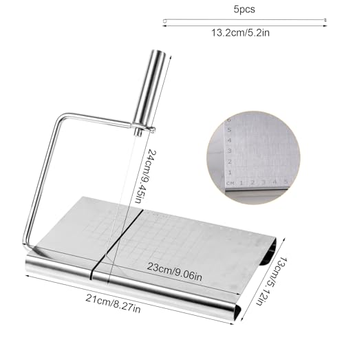 Penitue Cheese Slicer Board with 5 Replacement Wires, Stainless Steel Block Cheese Cutting Board Butter Slicing Cutter Kit with Measurement Grid Non-Slip Feet for Butter Fruits & Vegetables