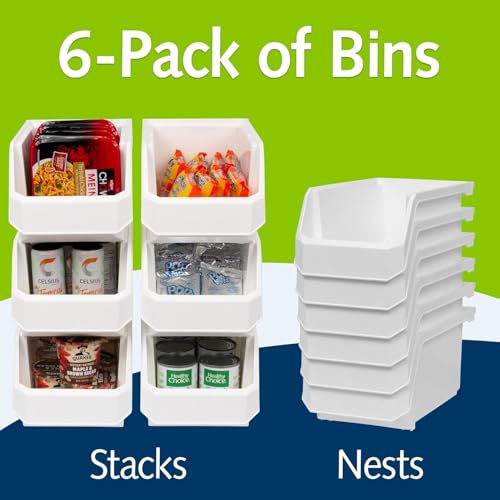 ReadySpace Large Stackable Plastic Storage Bins, 6-Pack, White | Open-Front Stackable Bins For Garage, Pantry, Closet & Office, 14,8"L X 8"W X 7"H, Nests When Empty, Durable Plastic, - color: White, size: Large, 6-Pack